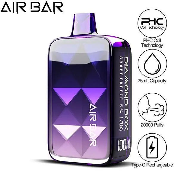 Best Deal Air Bar Diamond Box 20000 Puffs Rechargeable Disposable Vape 25mL  - Grape Freeze