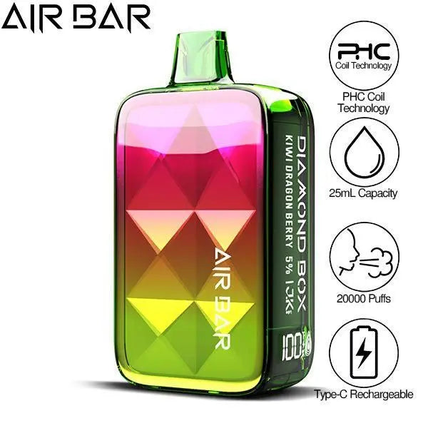 Best Deal Air Bar Diamond Box 20000 Puffs Rechargeable Disposable Vape 25mL  - Kiwi Dragon Berry