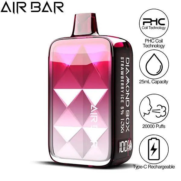 Best Deal Air Bar Diamond Box 20000 Puffs Rechargeable Disposable Vape 25mL  - Strawberry Ice