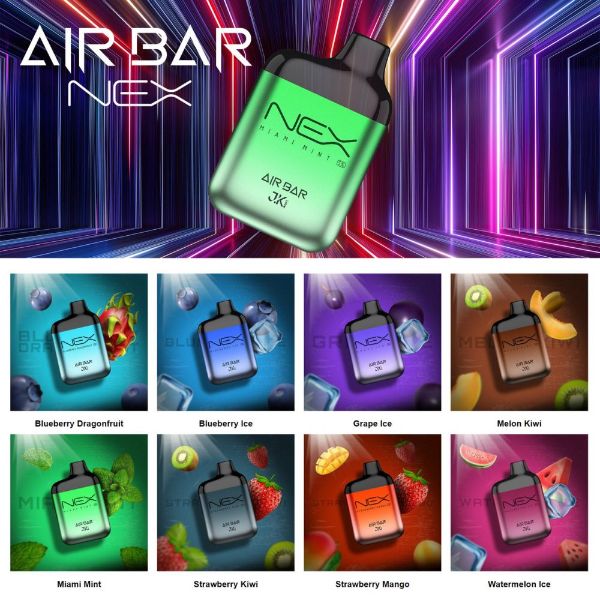 Best Deals Air Bar NEX 6500 Puffs Disposable Vape 10-Pack Best Flavors Miami Mint Blueberry Dragonfruit Blueberry Ice Grape Ice Melon Kiwi Miami Mint Strawberry Kiwi Strawberry Mango Watermelon Ice