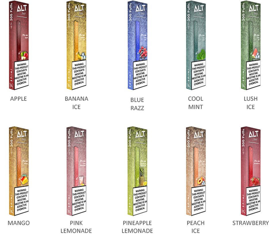 Alt Bar 5% Pod Device Disposable Vape 10-Pack Best Flavors Apple Banana Ice Blue Razz Cool Mint Lush Ice Mango Pink Lemonade Pineapple Lemonade Peach Ice Strawberry