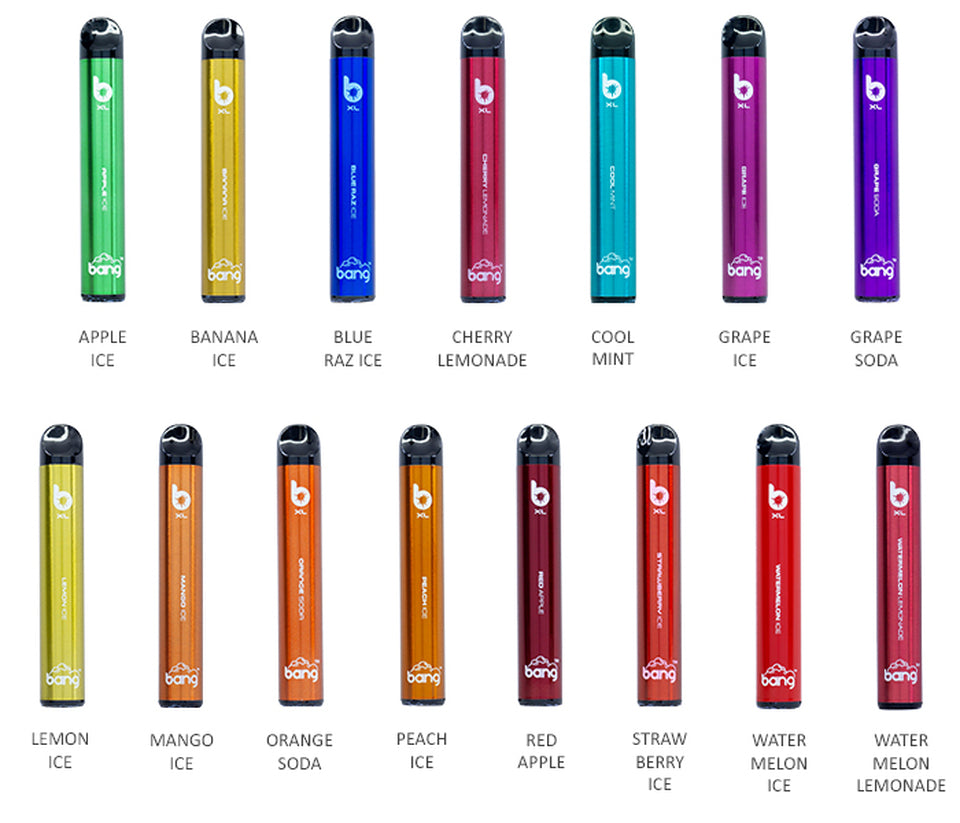 Bang XL Disposable Vape - Pack of 10 Best Flavors Apple Ice Banana Ice Blue Raz Ice Cherry Lemonade Cool Mint Grape Ice Grape Soda Lemon Ice Mango Ice Orange Soda Peach Ice Red Apple Strawberry ice Watermelon Ice Watermelon Lemonade