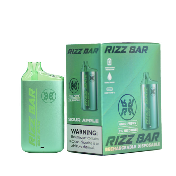 Rizz Bar 6000 Puffs Rechargeable Vape Disposable 15mL Best Flavor Sour Apple